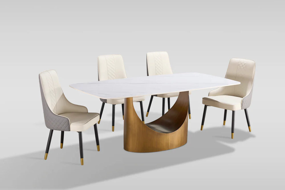 Roxy Dining Table Set with Toni Chairs – Modern Sintered Stone & Brushed Bronze