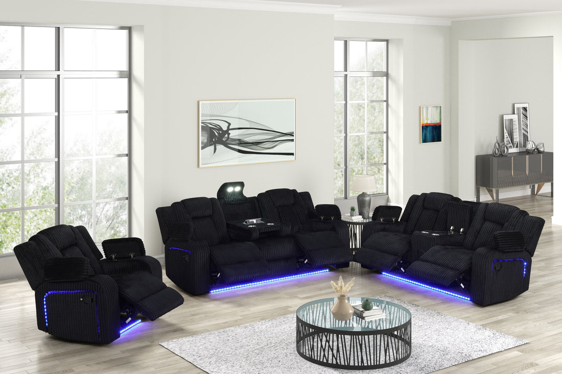 Hulk 3-Piece Reclining Sofa Set – Black Cord Fabric