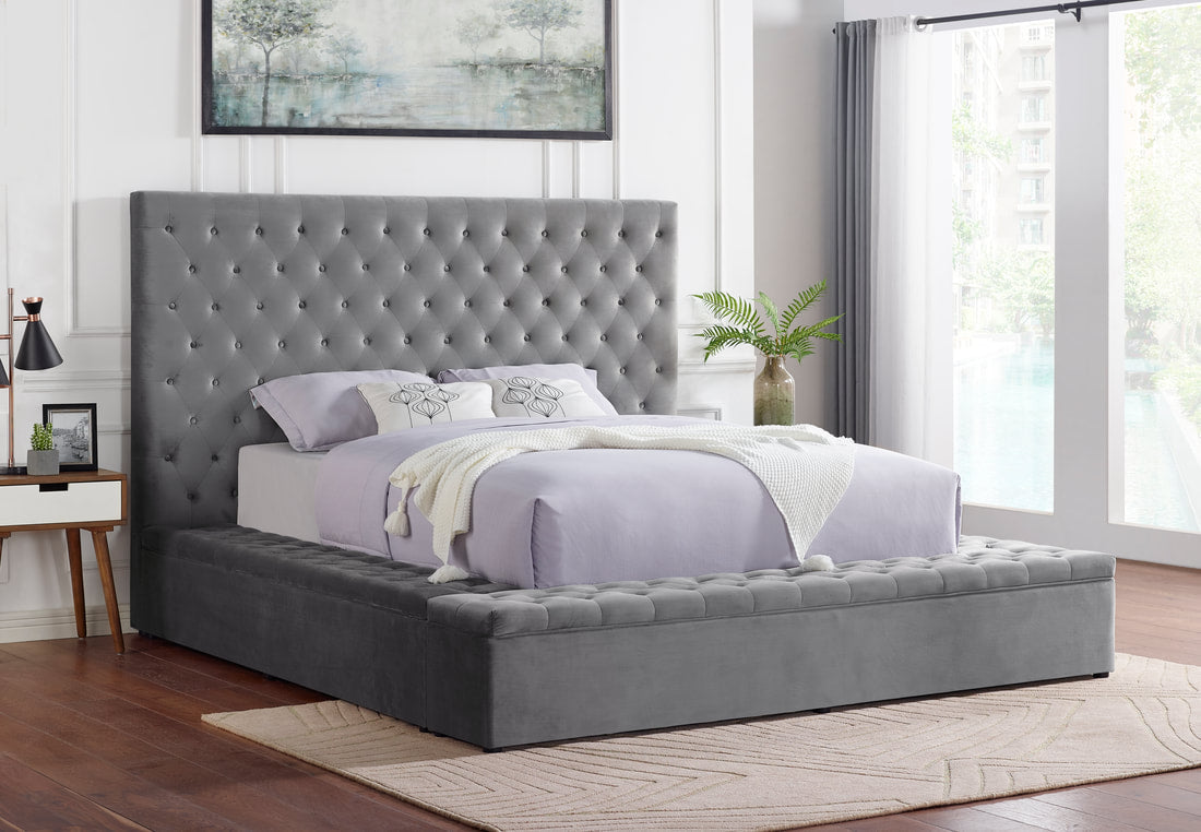 Paris Upholstered Platform Bed – Black & Gray Velvet Button-Tufted with Storage | Queen & King