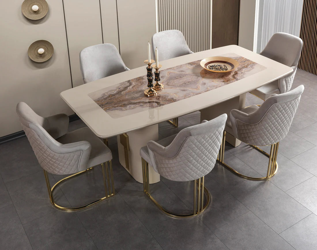Carlina 7PC Dining Set – Ivory & Gold | Marble-Look Table