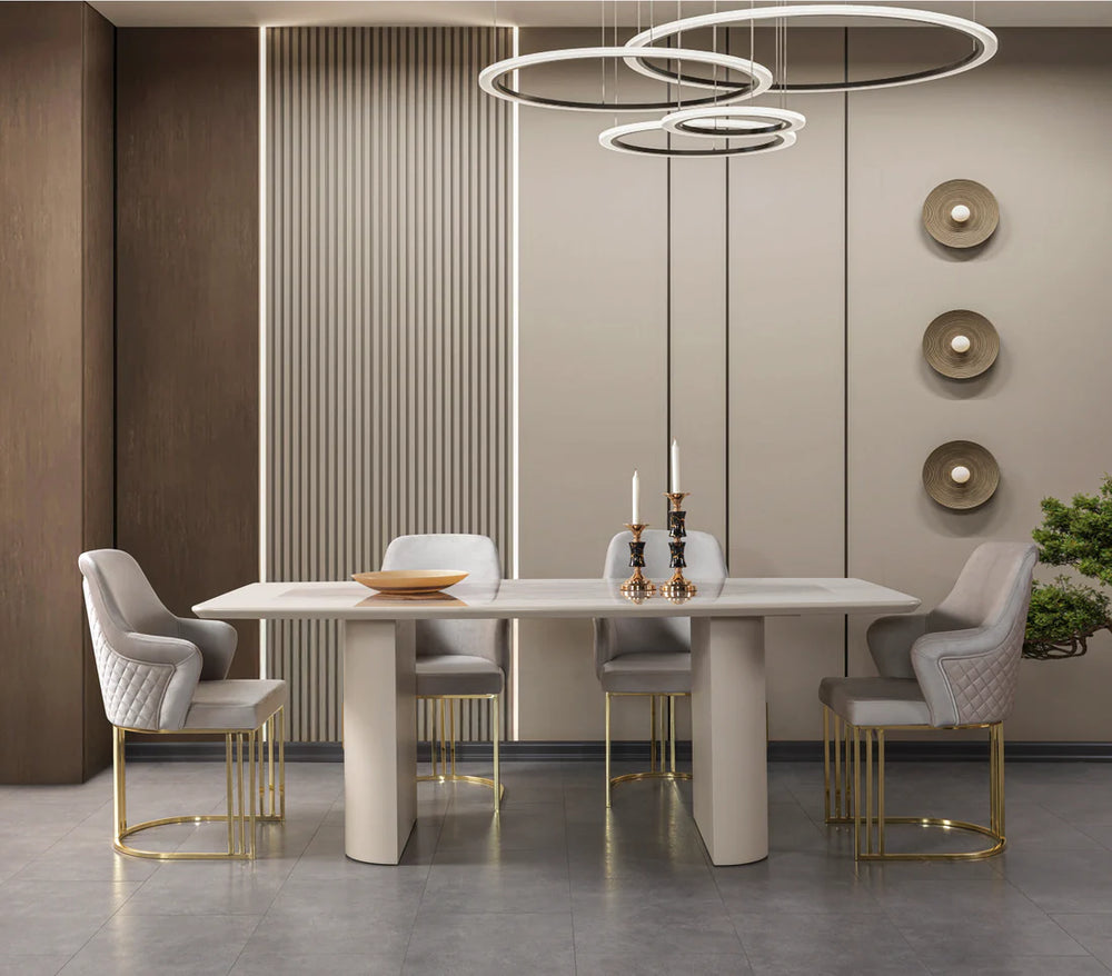 Carlina 7PC Dining Set – Ivory & Gold | Marble-Look Table