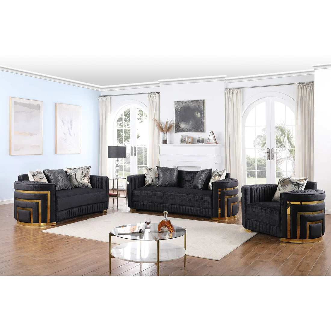 Minerva Velvet Sofa Set – Sofa, Loveseat & Chair | Cream & Black