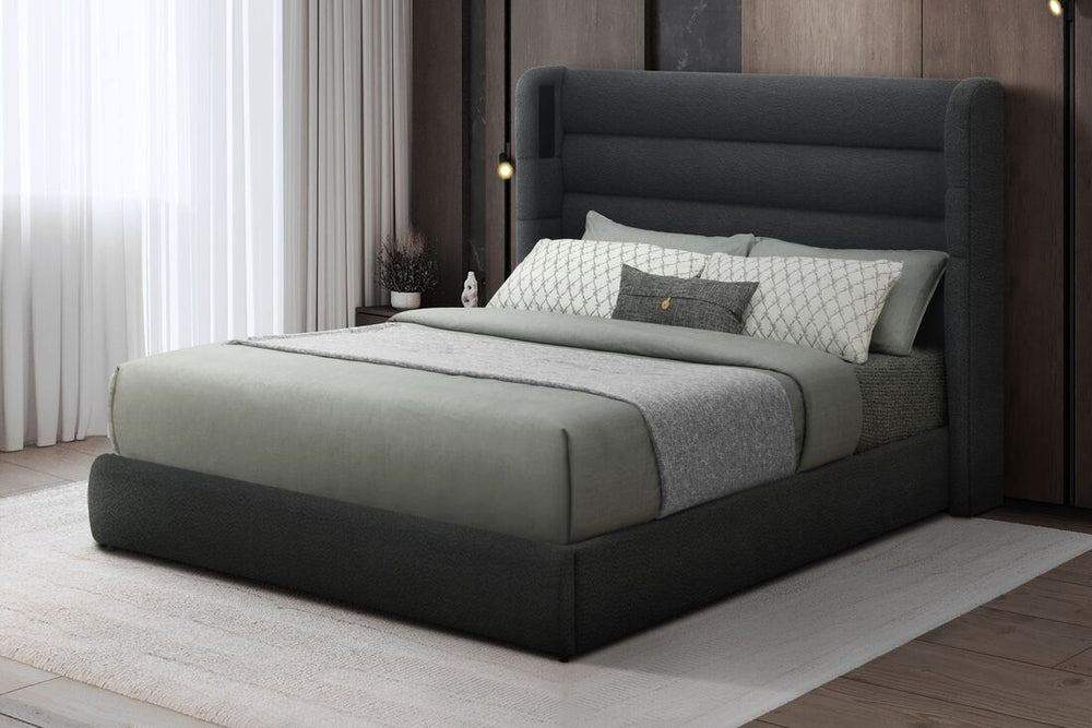 Hero Black Boucle Platform Bed with Bluetooth Speaker & USB Ports