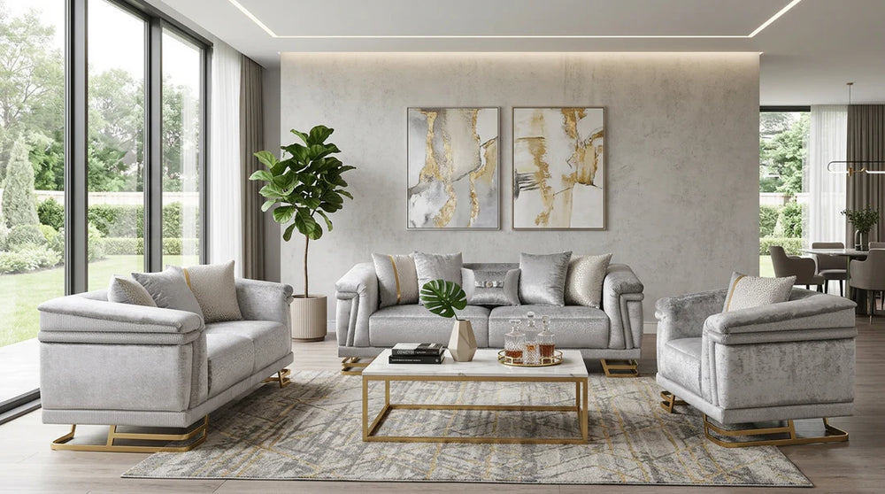 Amalfi Grey Velvet Sofa Collection with Gold Legs – 2pc & 3pc Sets