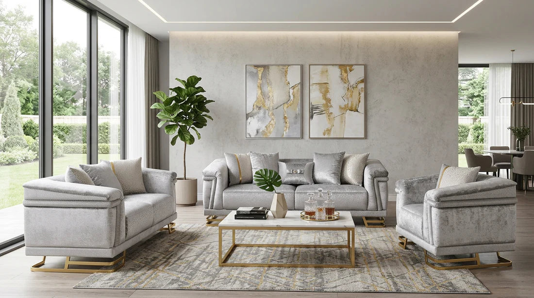Amalfi Grey Velvet Sofa Collection with Gold Legs – 2pc & 3pc Sets