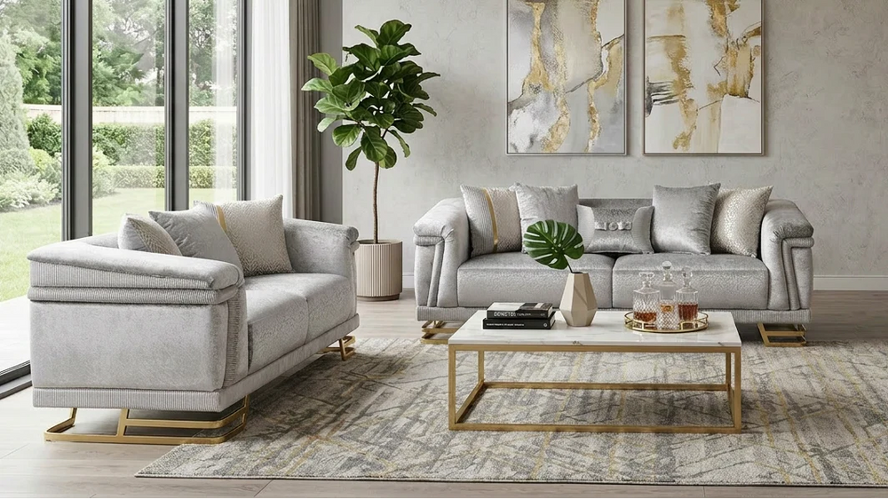 Amalfi Grey Velvet Sofa Collection with Gold Legs – 2pc & 3pc Sets