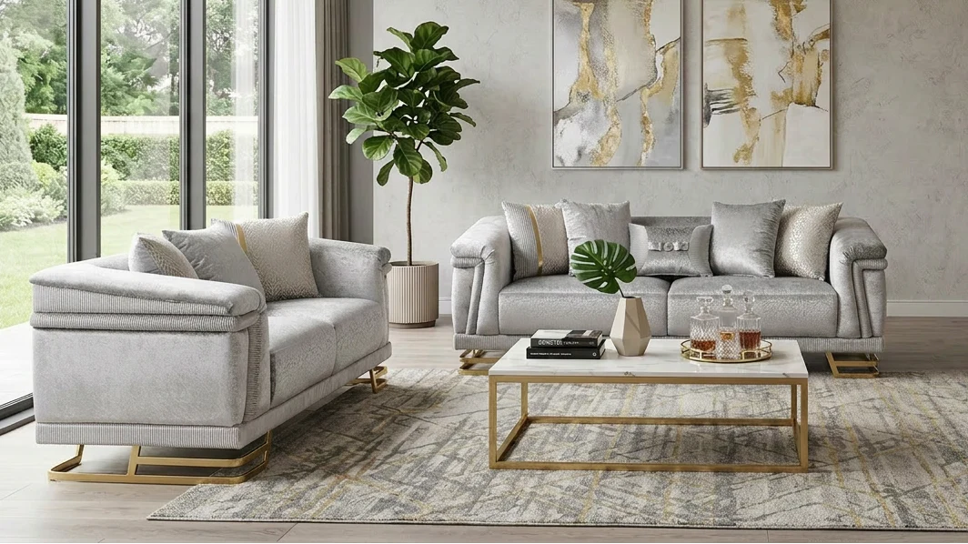 Amalfi Grey Velvet Sofa Collection with Gold Legs – 2pc & 3pc Sets