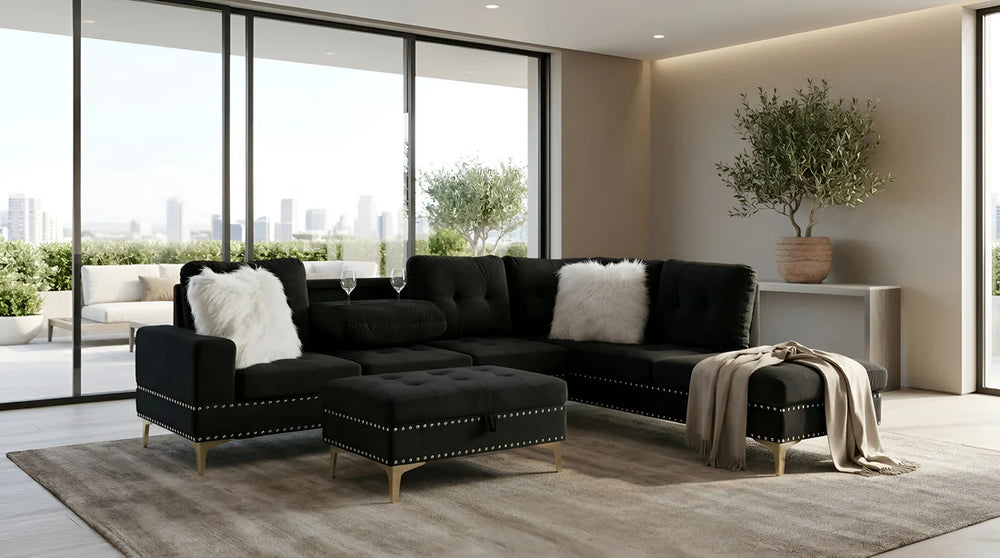 Joy II Velvet Sectional – Drop-Down Table, Storage Ottoman & Gold Legs | Black, Gray & Beige