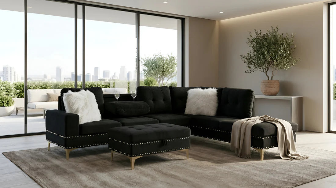 Joy II Velvet Sectional – Drop-Down Table, Storage Ottoman & Gold Legs | Black, Gray & Beige