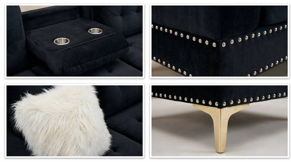 Joy II Velvet Sectional – Drop-Down Table, Storage Ottoman & Gold Legs | Black, Gray & Beige