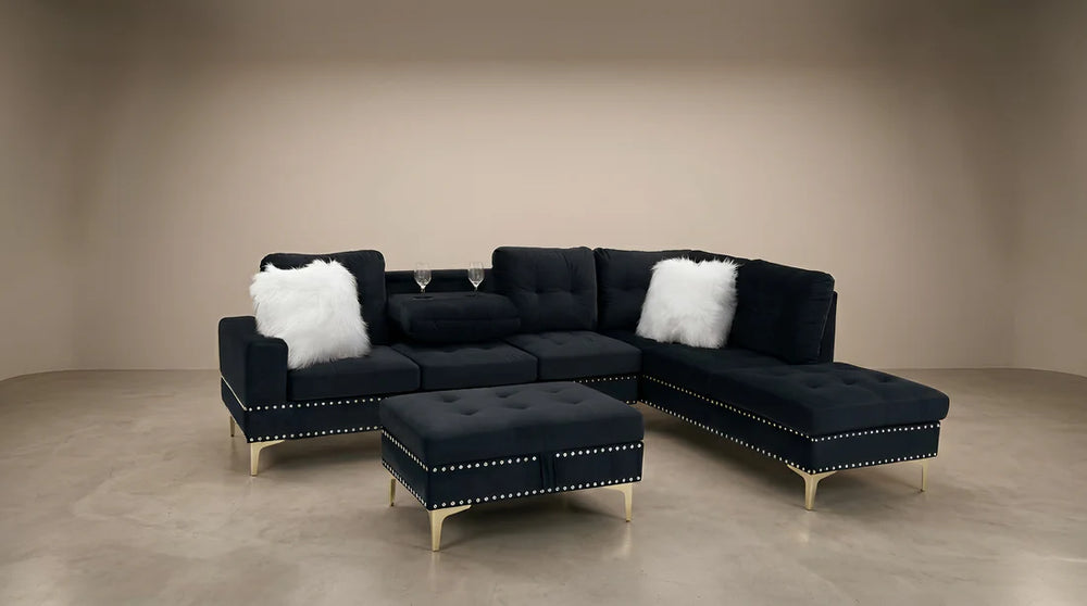 Joy II Velvet Sectional – Drop-Down Table, Storage Ottoman & Gold Legs | Black, Gray & Beige