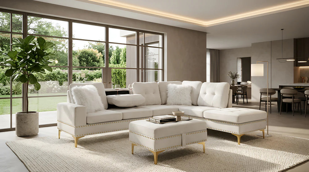 Joy II Velvet Sectional – Drop-Down Table, Storage Ottoman & Gold Legs | Black, Gray & Beige