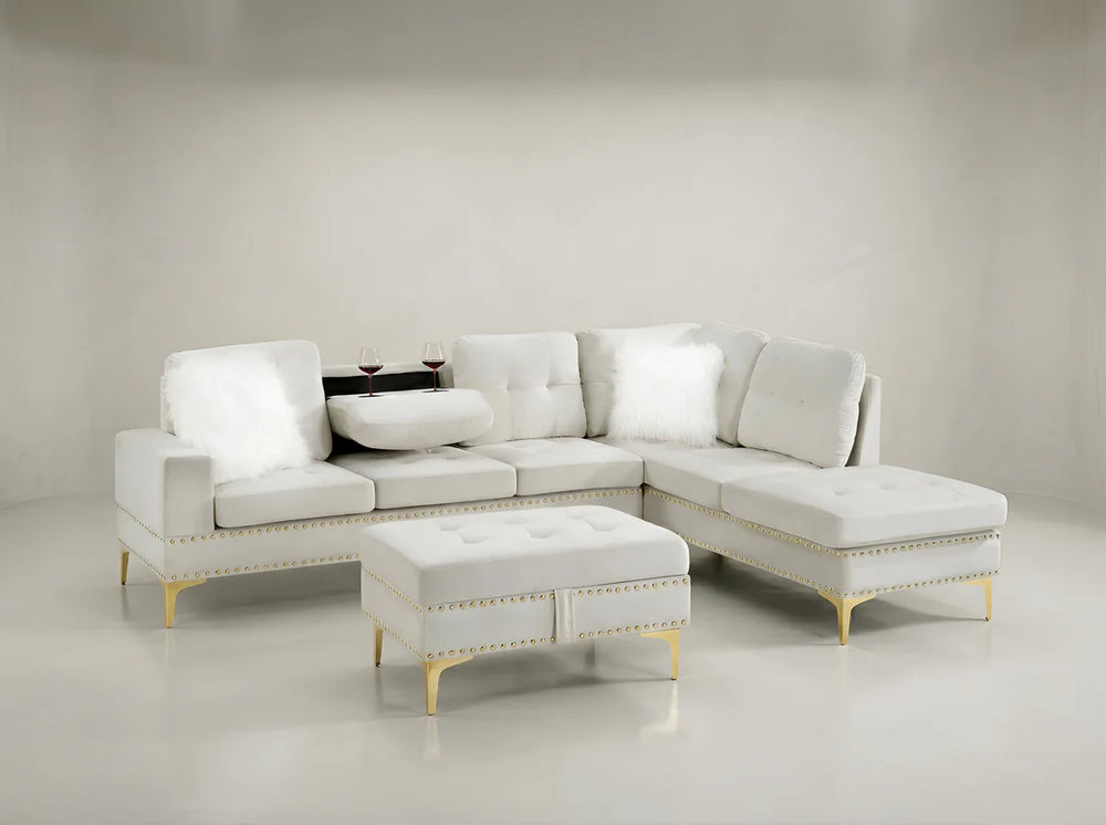 Joy II Velvet Sectional – Drop-Down Table, Storage Ottoman & Gold Legs | Black, Gray & Beige