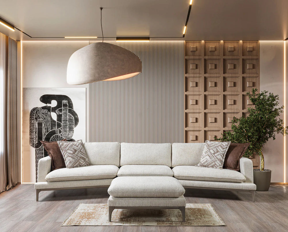 Dylan Ivory Linen 3-Piece Curved Sectional with Ottoman