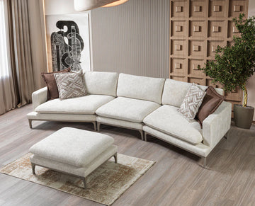 Dylan Ivory Linen 3-Piece Curved Sectional with Ottoman