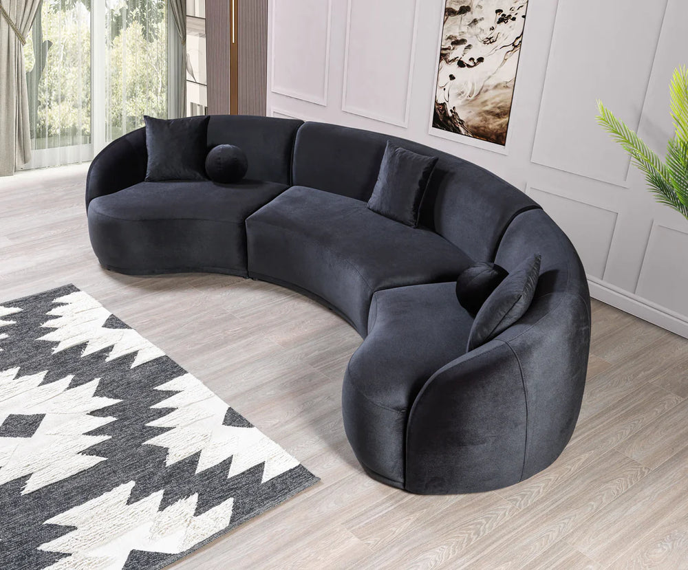 Bonita Charcoal Velvet 3-Piece Curved Sectional