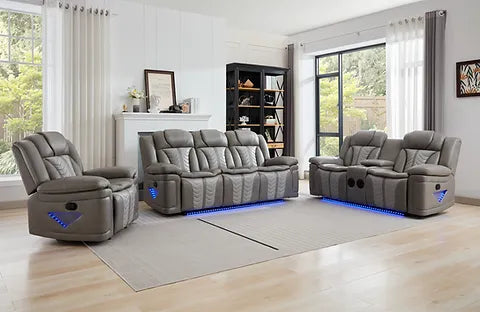 Innova Reclining Sofa Set | Air Leather | LED Lights & Wireless Charger | Gray & Black | 2-PC & 3-PC