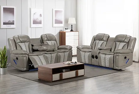 Innova Reclining Sofa Set | Air Leather | LED Lights & Wireless Charger | Gray & Black | 2-PC & 3-PC
