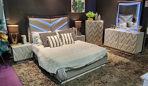 Vera Grey High Gloss Platform Bedroom Set with LED Headboard