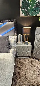 Vera Grey High Gloss Platform Bedroom Set with LED Headboard