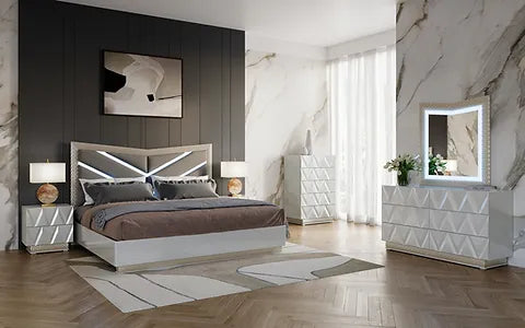 Vera Grey High Gloss Platform Bedroom Set with LED Headboard