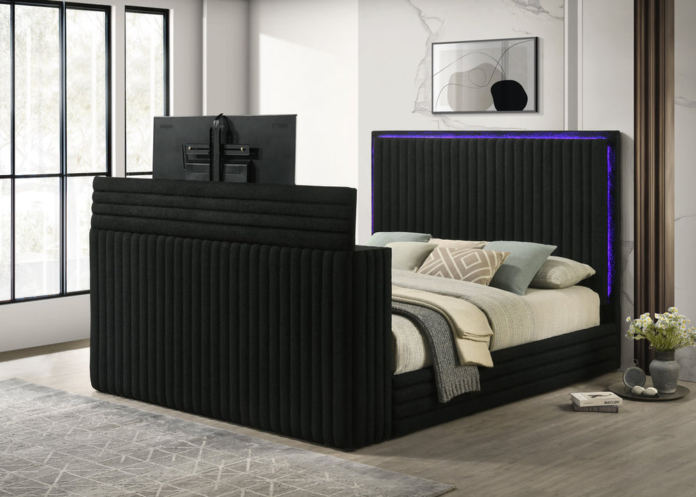 Villa Platform Bed with LED Fireplace, TV Stand, Bluetooth & LED Lights - Black/White