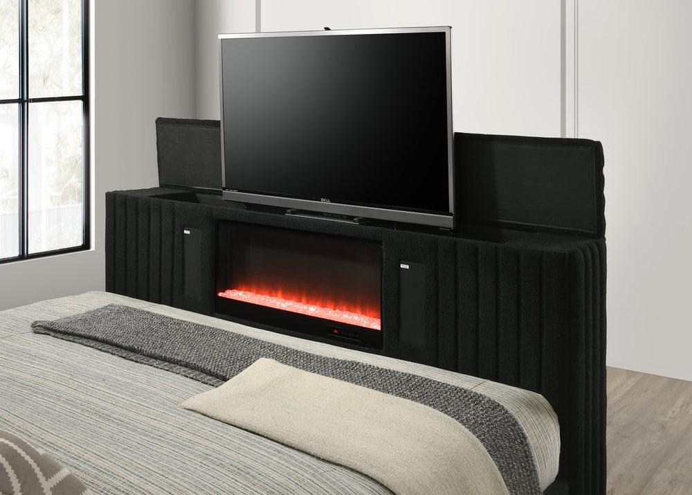 Villa Platform Bed with LED Fireplace, TV Stand, Bluetooth & LED Lights - Black/White
