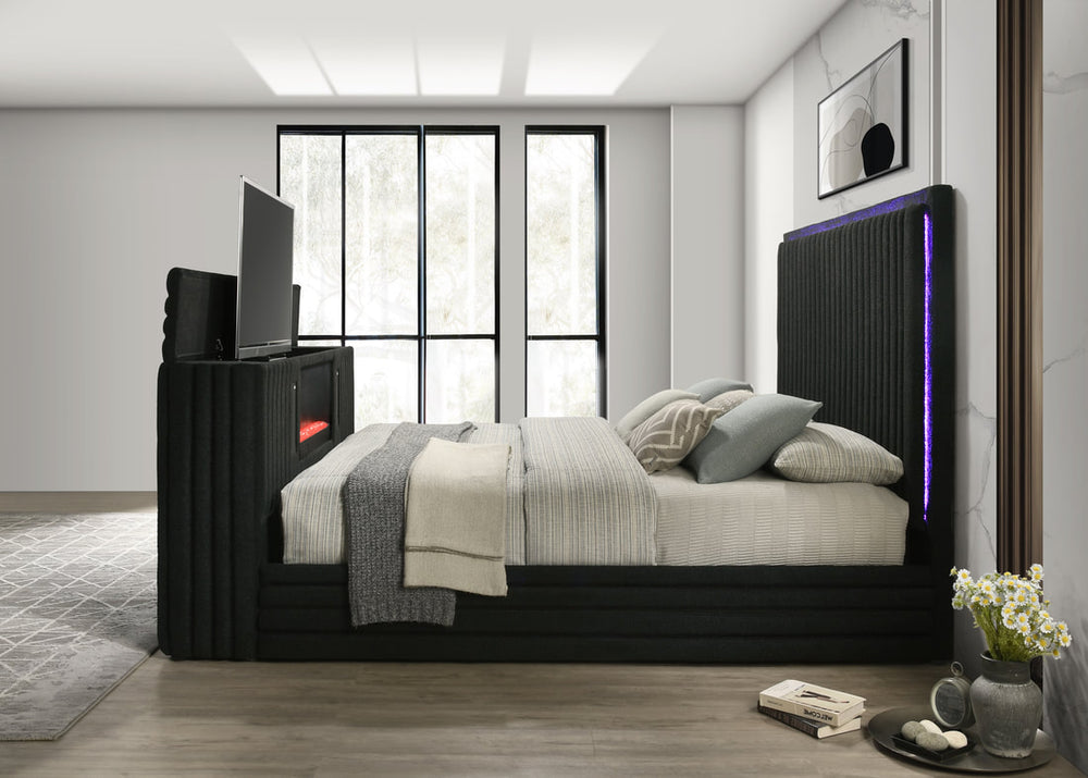 Villa Platform Bed with LED Fireplace, TV Stand, Bluetooth & LED Lights - Black/White