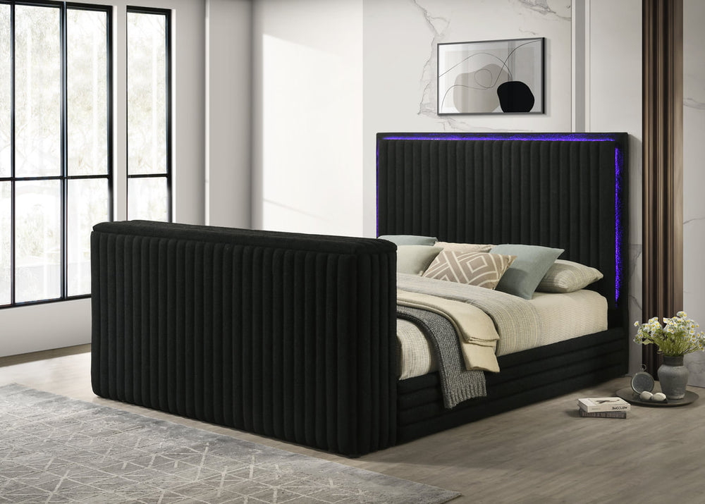 Villa Platform Bed with LED Fireplace, TV Stand, Bluetooth & LED Lights - Black/White