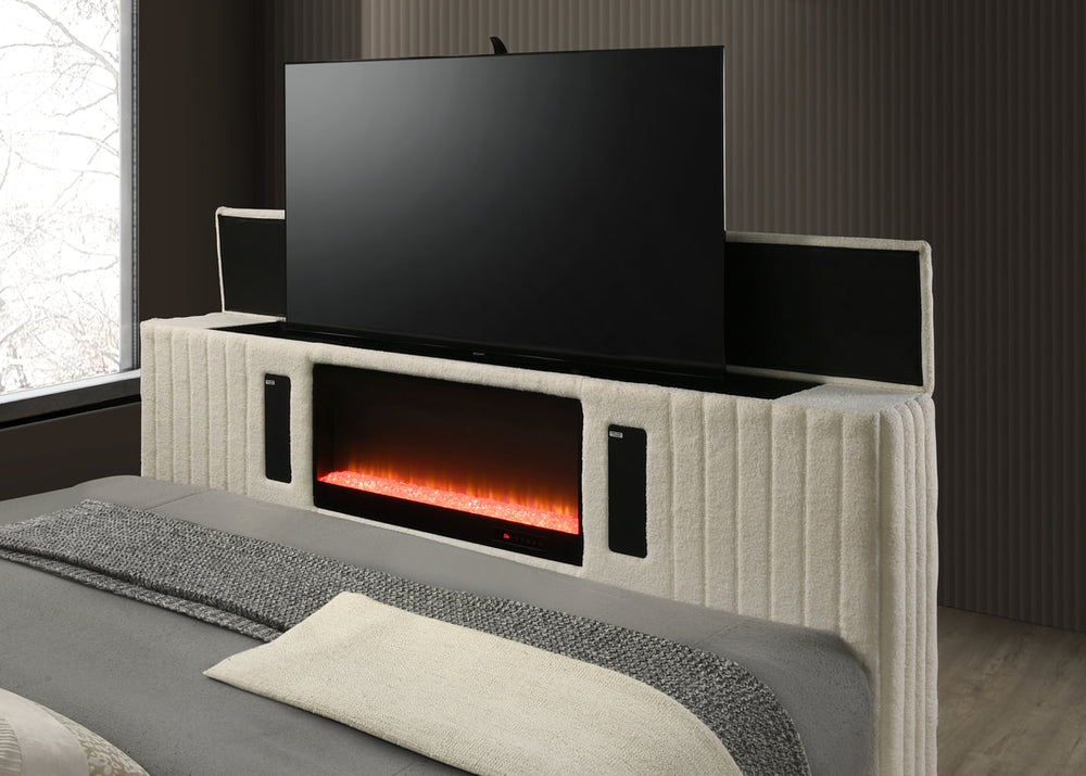 Villa Platform Bed with LED Fireplace, TV Stand, Bluetooth & LED Lights - Black/White