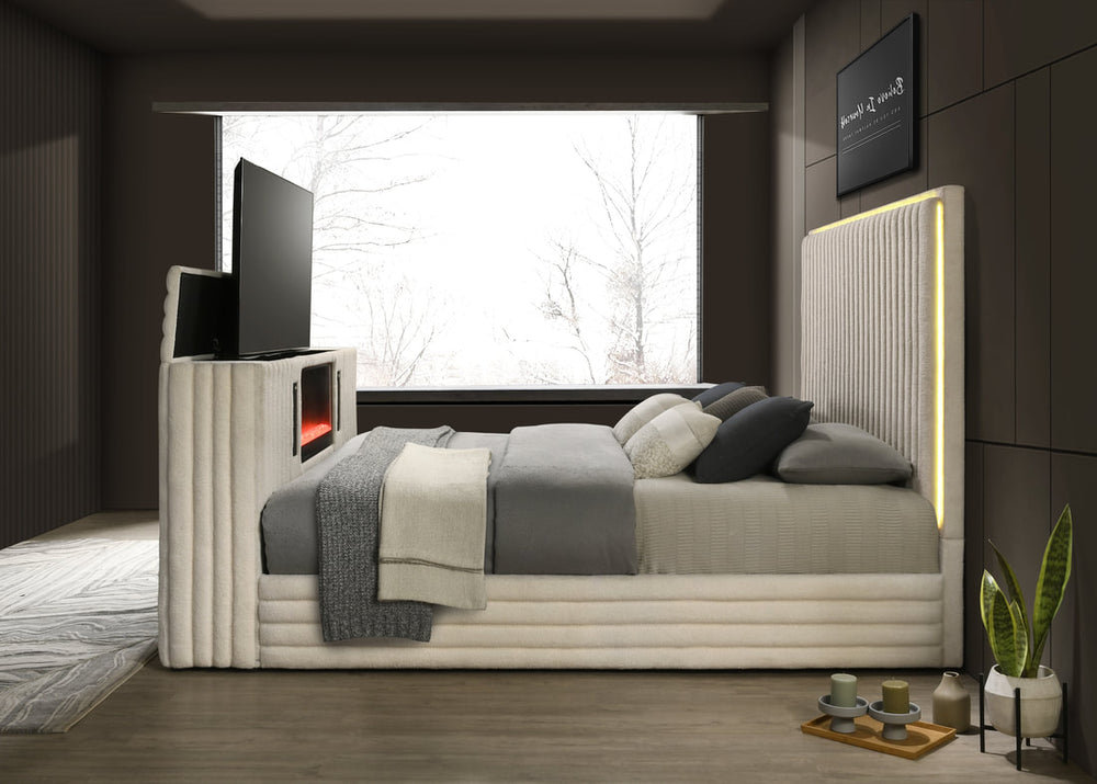 Villa Platform Bed with LED Fireplace, TV Stand, Bluetooth & LED Lights - Black/White