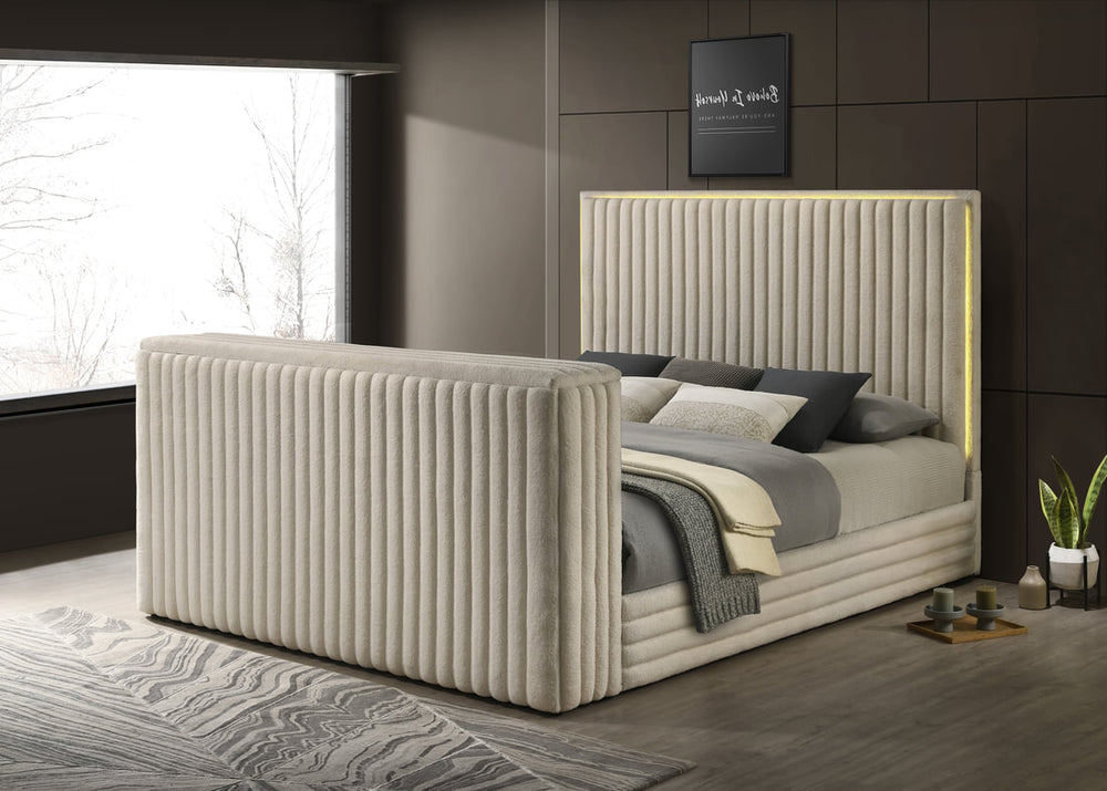 Villa Platform Bed with LED Fireplace, TV Stand, Bluetooth & LED Lights - Black/White