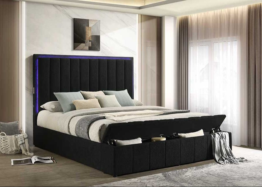 Florence Black Boucle Platform Bed with Storage, Bluetooth, USB & LED Lights