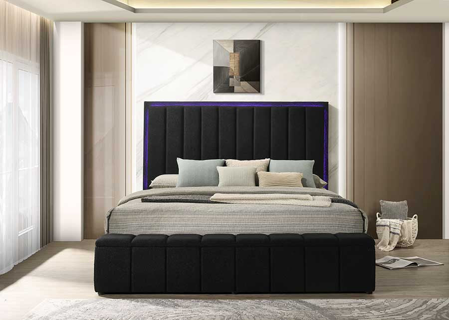 Florence Black Boucle Platform Bed with Storage, Bluetooth, USB & LED Lights