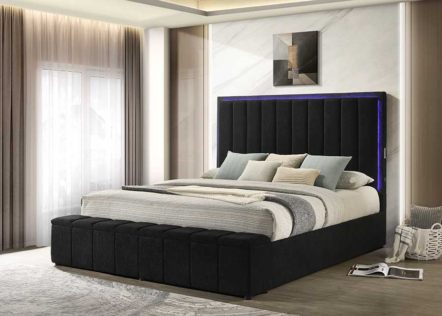 Florence Black Boucle Platform Bed with Storage, Bluetooth, USB & LED Lights