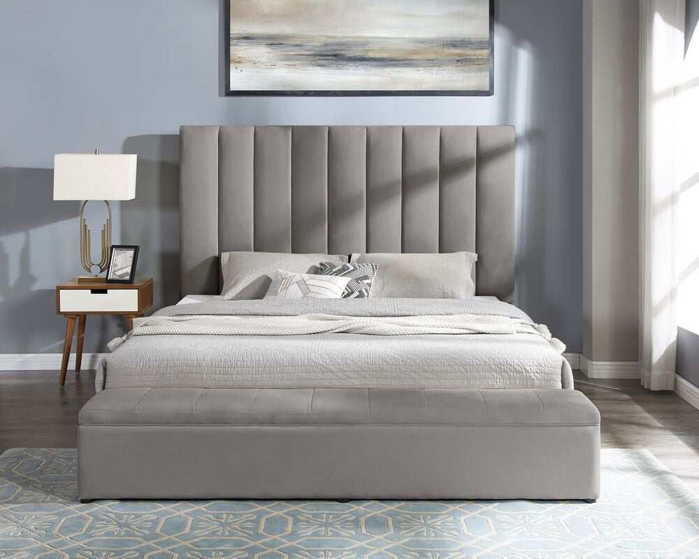 Valencia Velvet Platform Bed with Storage Footboard - Beige, Black & Gray