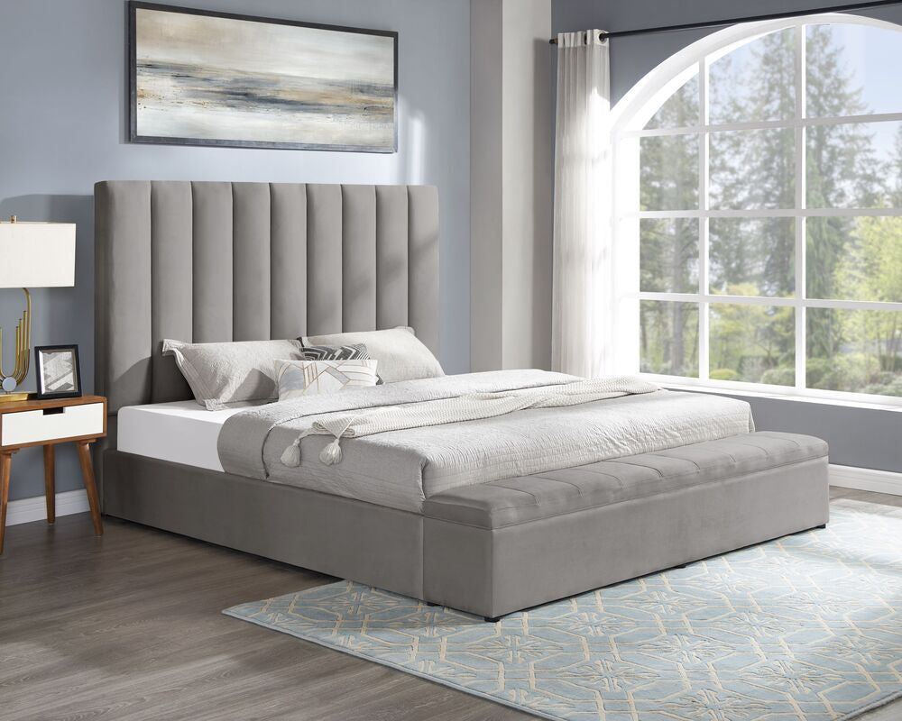 Valencia Velvet Platform Bed with Storage Footboard - Beige, Black & Gray