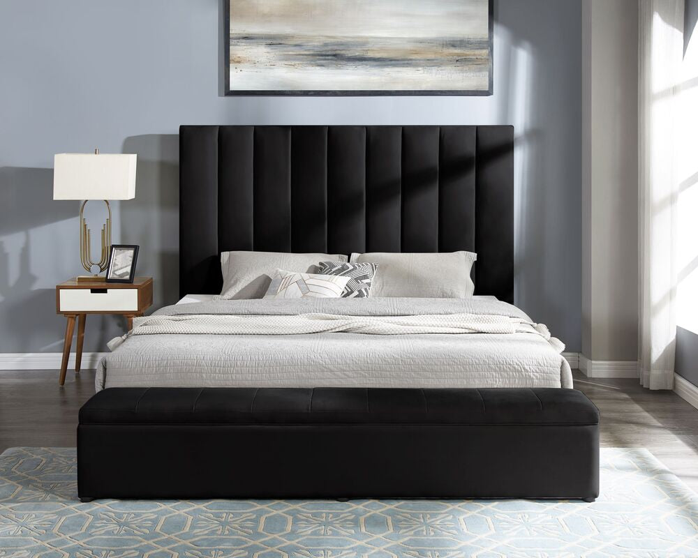 Valencia Velvet Platform Bed with Storage Footboard - Beige, Black & Gray