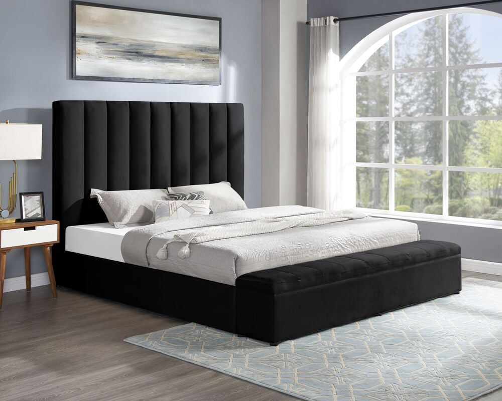 Valencia Velvet Platform Bed with Storage Footboard - Beige, Black & Gray