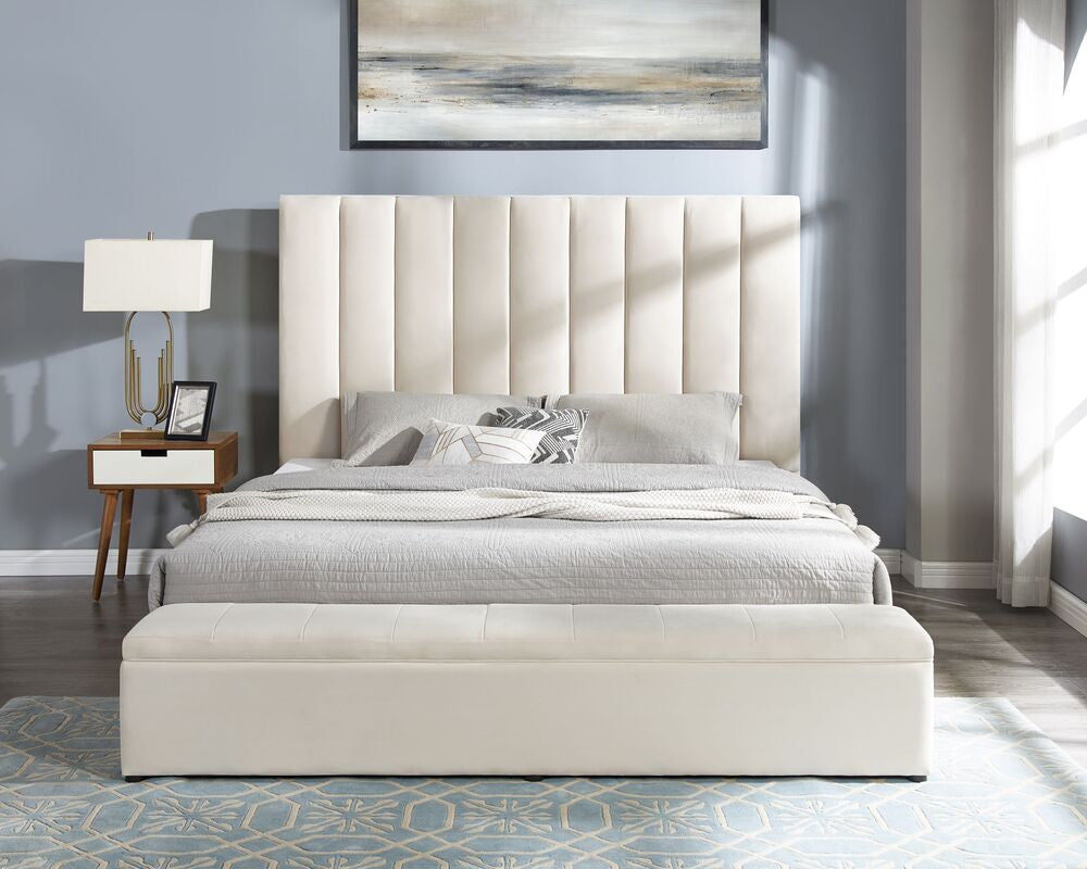 Valencia Velvet Platform Bed with Storage Footboard - Beige, Black & Gray