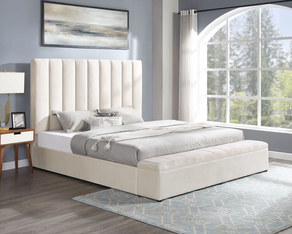 Valencia Velvet Platform Bed with Storage Footboard - Beige, Black & Gray
