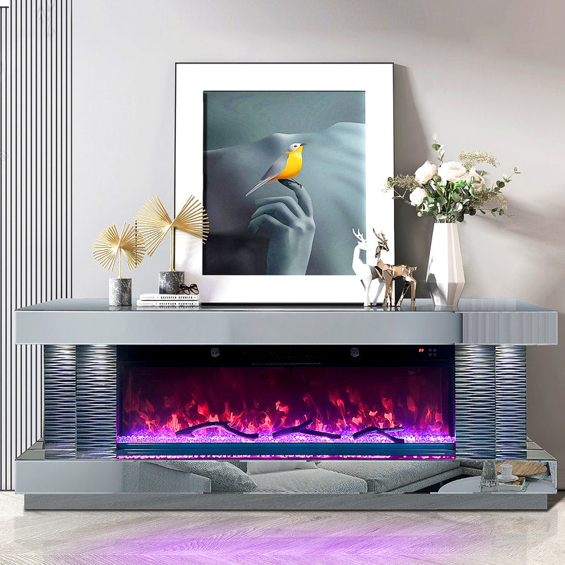 71" Tri-Color Glass Mirror Electric Fireplace TV Stand with LED & Bluetooth - Electra