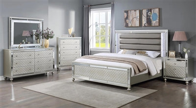 Cristian Bedroom Set | Champagne Finish | Upholstered Headboard | Queen & King | 4-PC & 5-PC