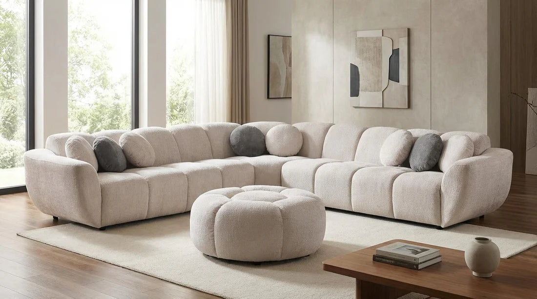Rose Fabric Sectional Sofa with Ottoman & Pillows – Black & Beige