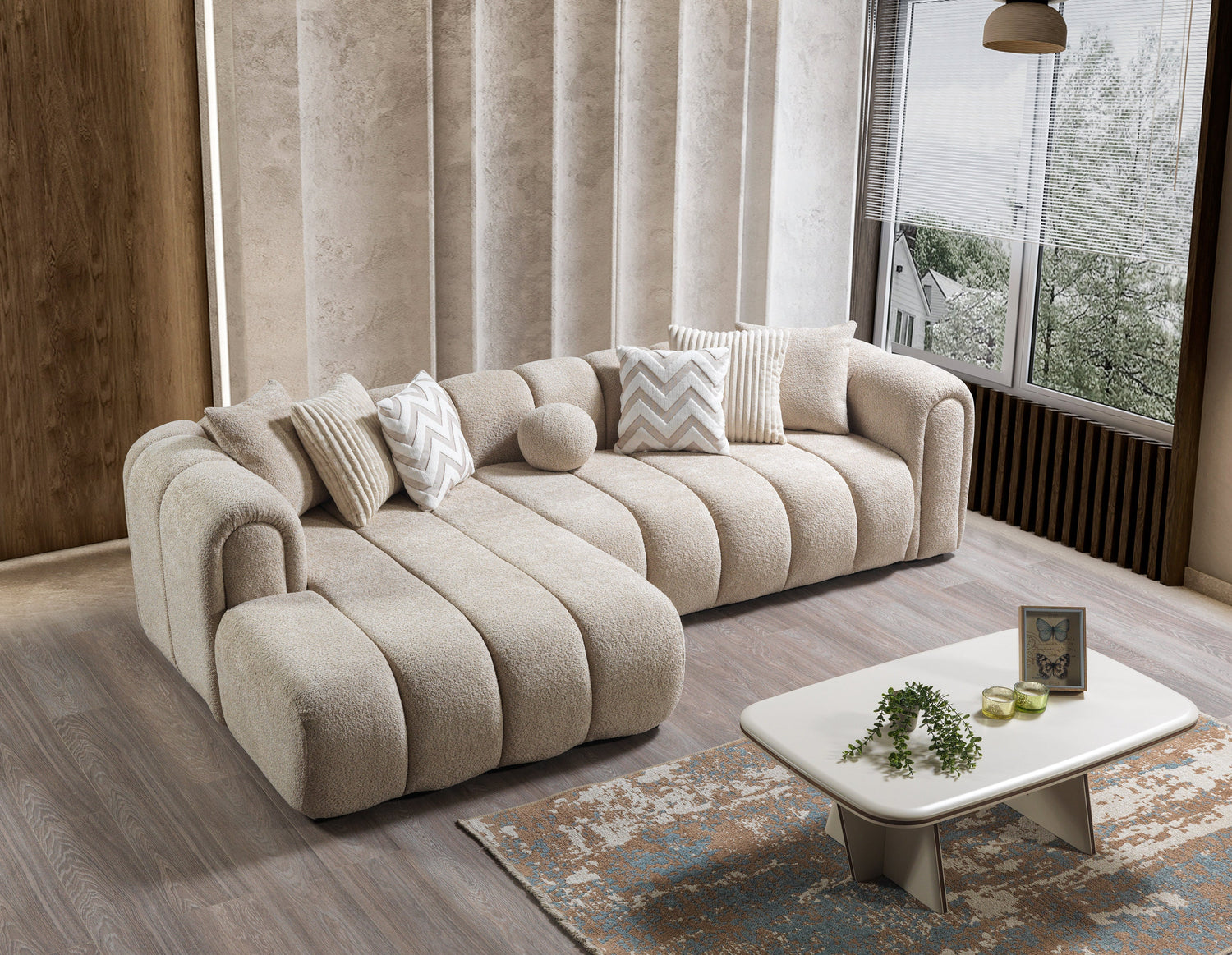 Lis Sand Boucle 115" Sectional – LAF or RAF Chaise | Nova Furniture