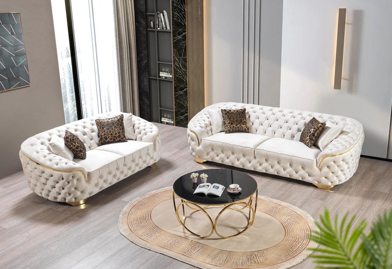 Lupino 2PC Velvet Sofa & Loveseat – Gray, Black & Ivory