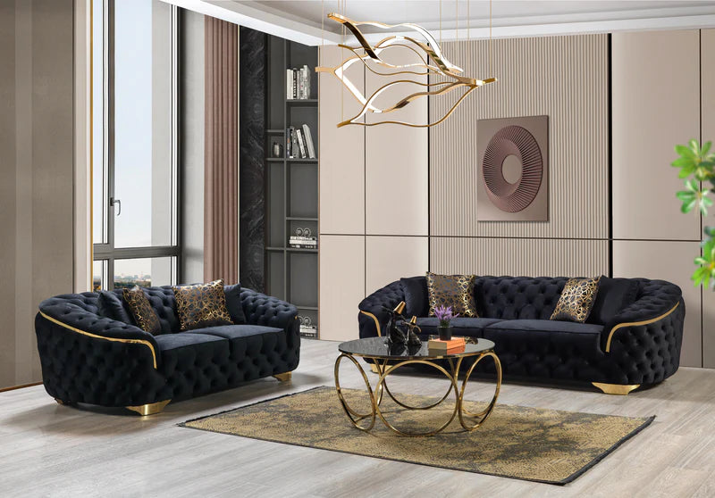 Lupino 2PC Velvet Sofa & Loveseat – Gray, Black & Ivory