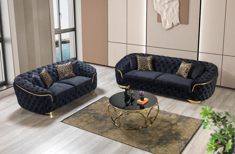Lupino 2PC Velvet Sofa & Loveseat – Gray, Black & Ivory