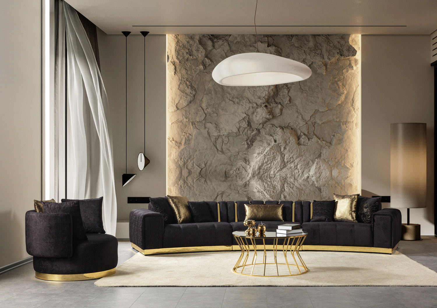 Michelle Black Velvet 3-Piece Curved Sectional