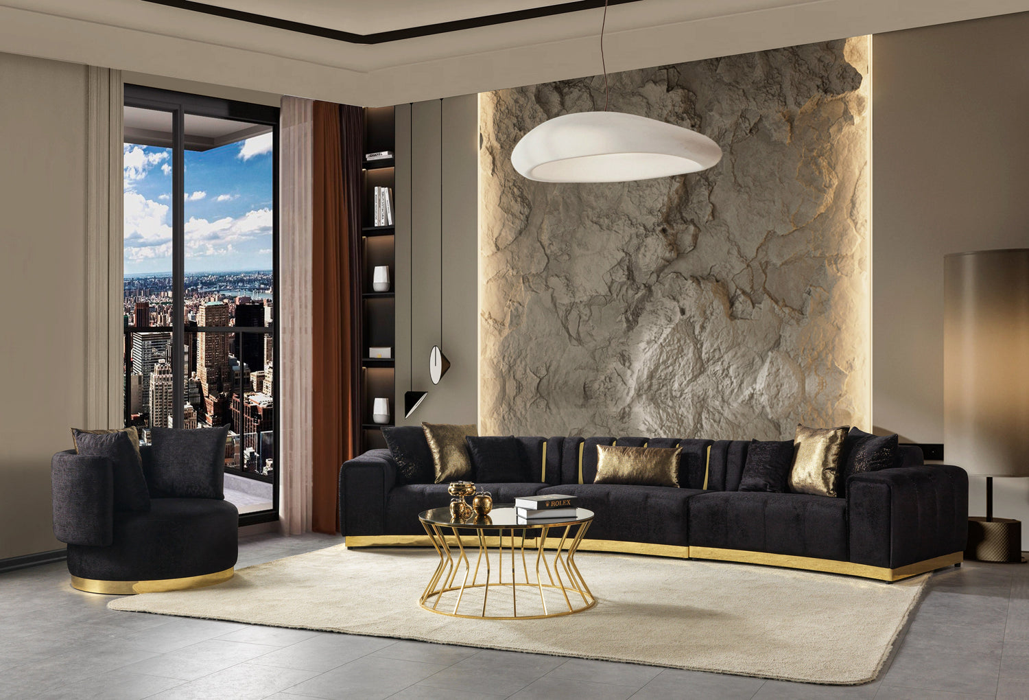 Michelle Black Velvet 3-Piece Curved Sectional